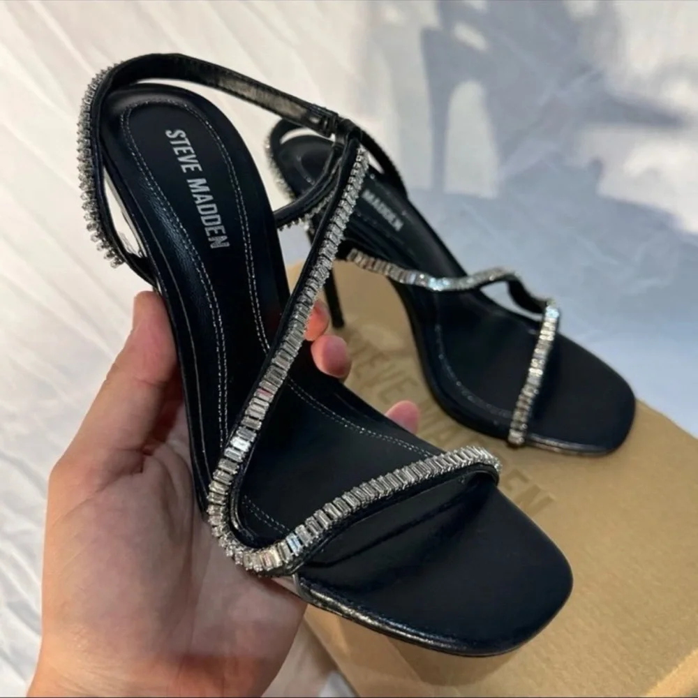 Steve Madden Elegant Black Stiletto Heels with Rhinestone Accents